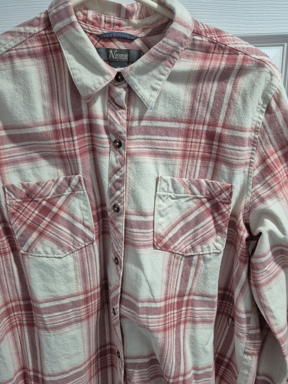 Natural Reflections Cream and Pink Plaid Women’s Button-Down Shirt